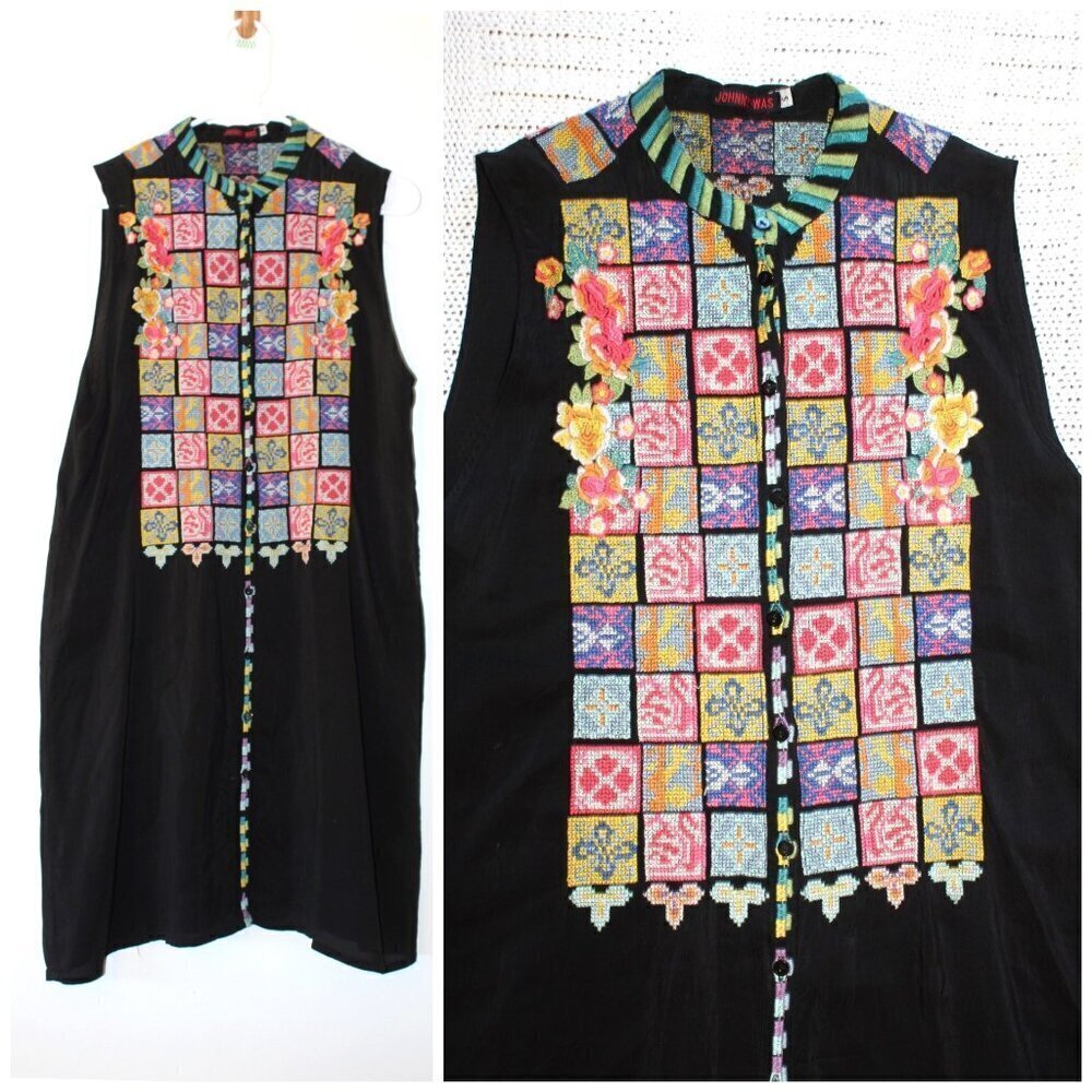 Johnny Was Floral Embroidered Mini Dress size Small Button front Tunic Sleevesle
